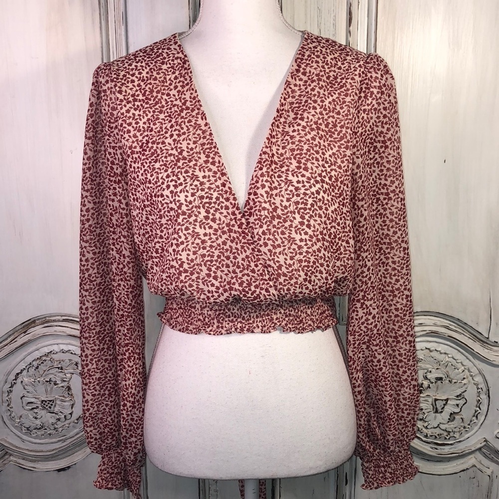 Petal + Pup Sheer Long Sleeves Smocked Waistband Faux Wrap Mini Floral P…